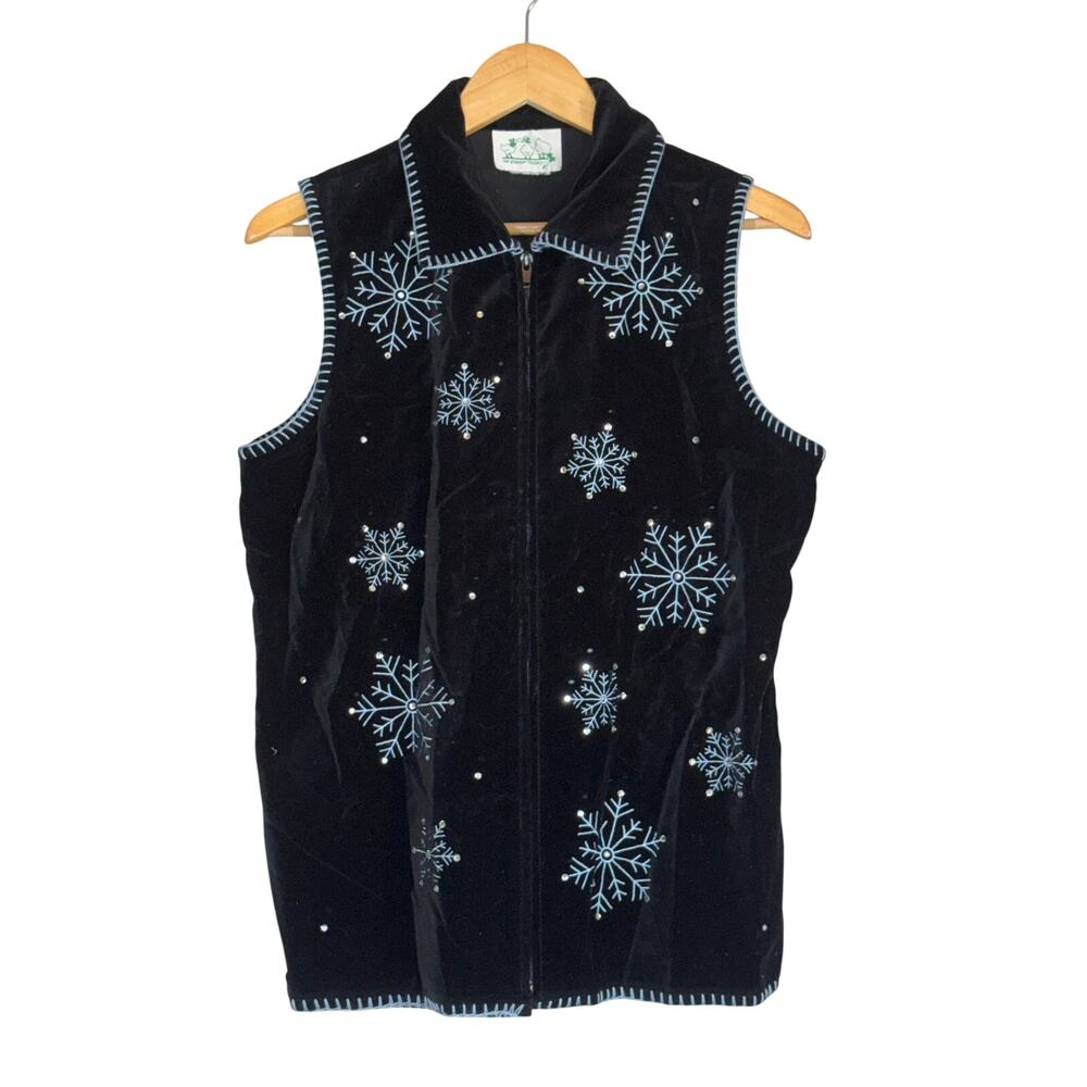 Vintage Quacker Factory Black Velvet Christmas Holiday Full Zip Vest Women Large